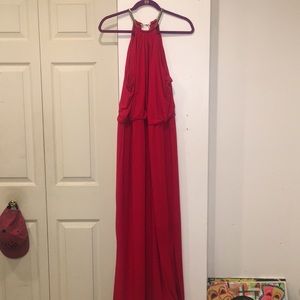 Red Evening Gown with Necklace Trim